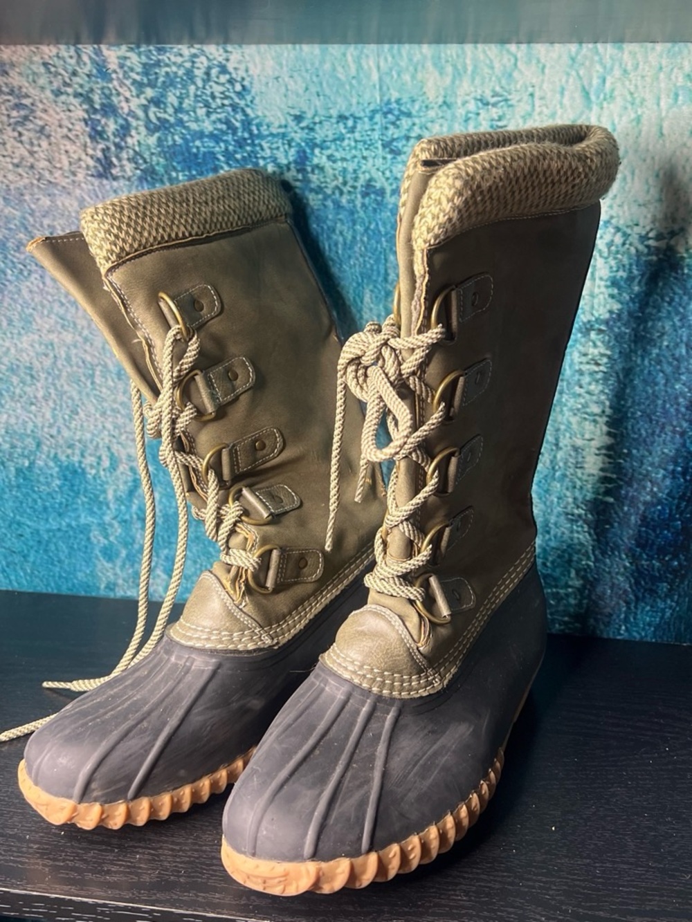 Esprit Olive Green and Black Lace-Up Winter Duck Boots - Women's